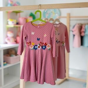 RARE!Mini Boden Pink Floral Butterly Dress Girls Size US6X Polka Dot Twirl Dress